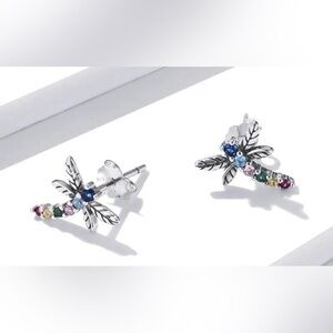 925 Sterling Silver Colorful CZ Dragonfly Stud Earrings